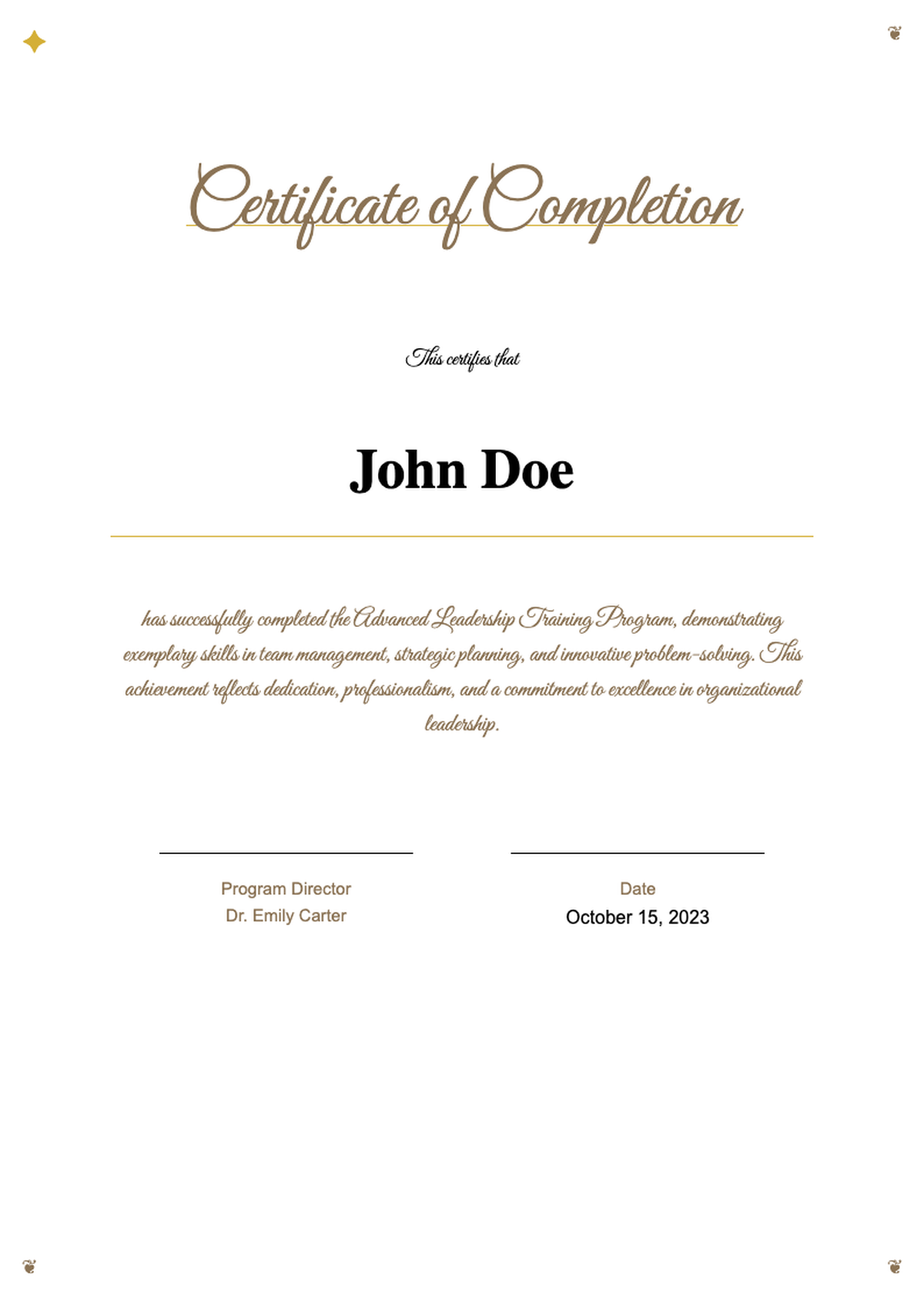 Elegant ornate certificate of completion with gold border and cursive title_variant_1